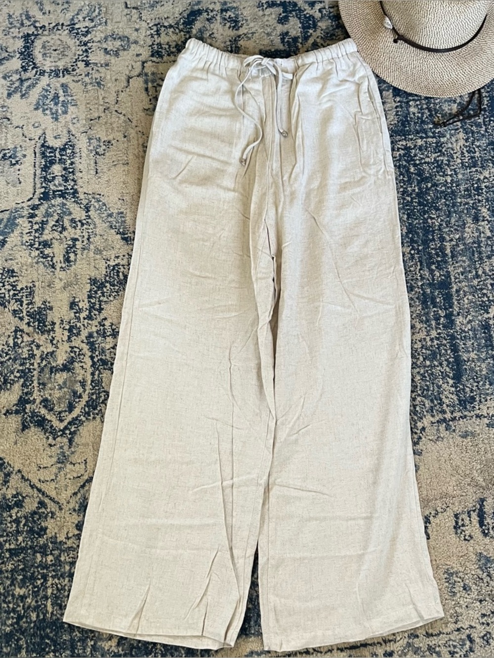 Beige wide leg drawstring linen blend pants EUC